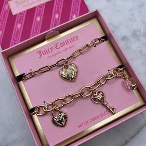 Juicy Couture Charm Bracelets Set Chunky Paperclip Chain Gold Tone Heart Key New
